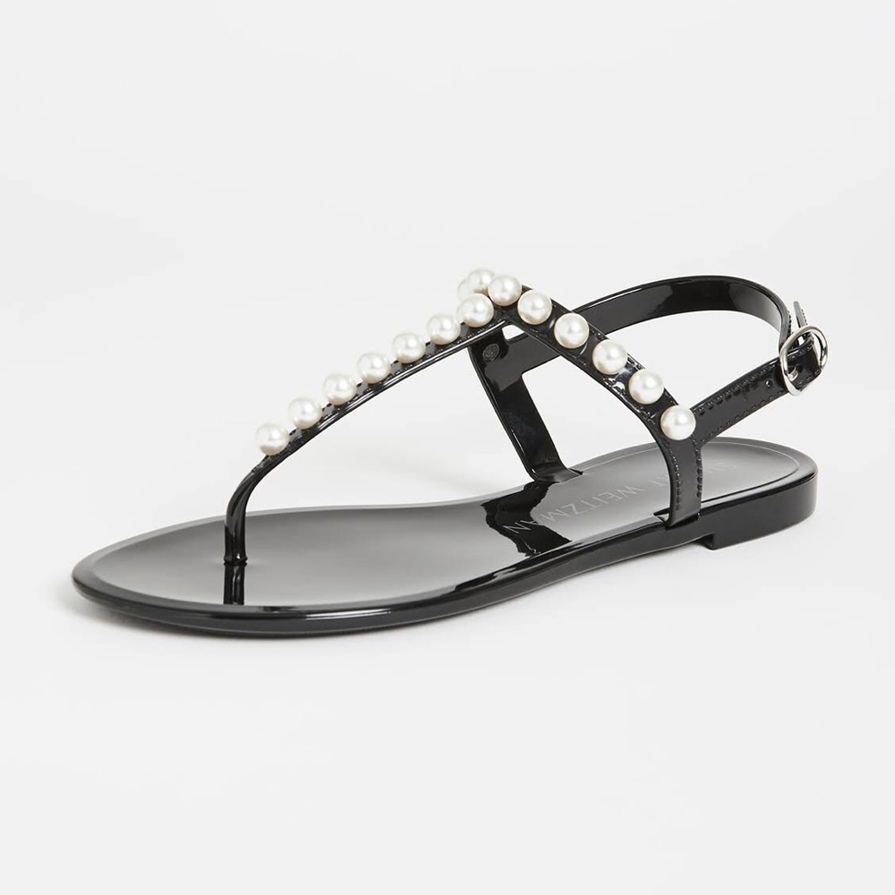 Stuart Weitzman Black Patent Pearl-Trim T-Strap Sandals